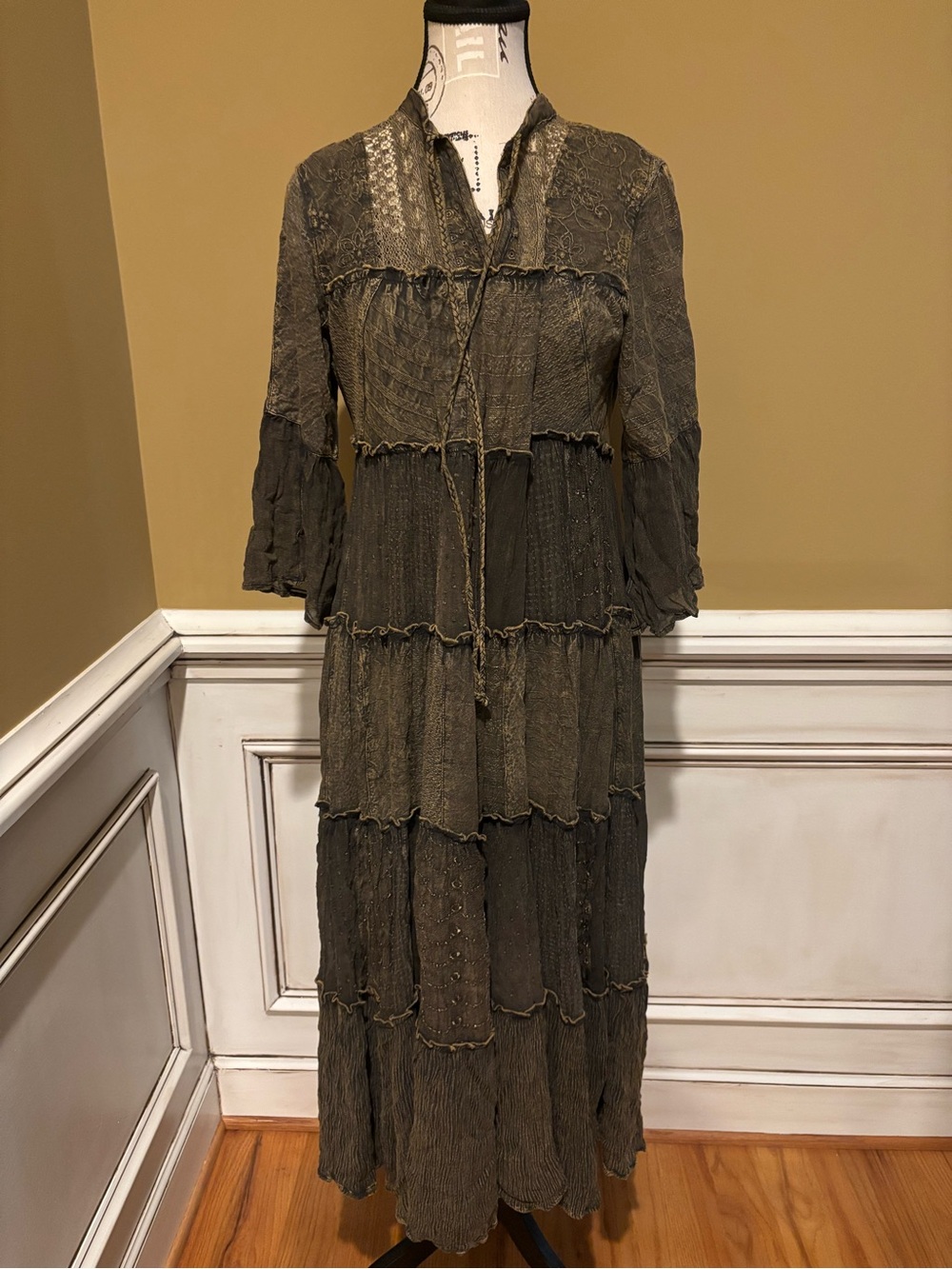 Tiered Olive Maxi Dress with Lace Trim